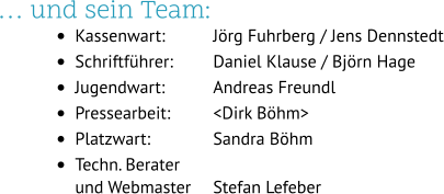 … und sein Team: •	Kassenwart:		Jörg Fuhrberg / Jens Dennstedt •	Schriftführer:	Daniel Klause / Björn Hage •	Jugendwart:		Andreas Freundl		 •	Pressearbeit:		<Dirk Böhm>		 •	Platzwart:		Sandra Böhm •	Techn. Beraterund Webmaster	Stefan Lefeber